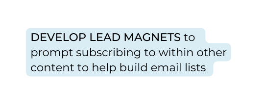 DEVELOP LEAD MAGNETS to prompt subscribing to within other content to help build email lists